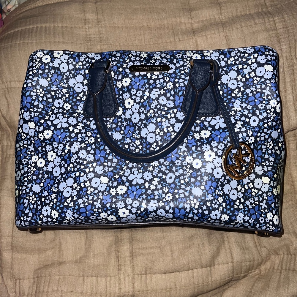 Michael Kors Camille Blue Floral Large Satchel Handbag Purse